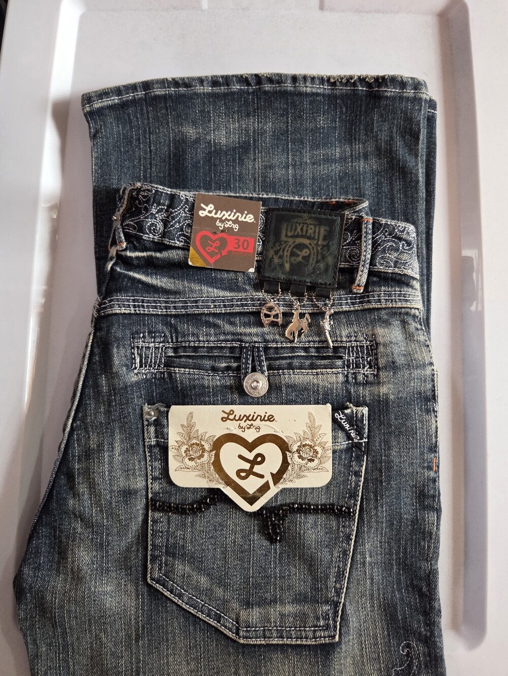 Luxirie Blue Wash Bootcut Jeans with Embroidered Back Pockets With Charms
